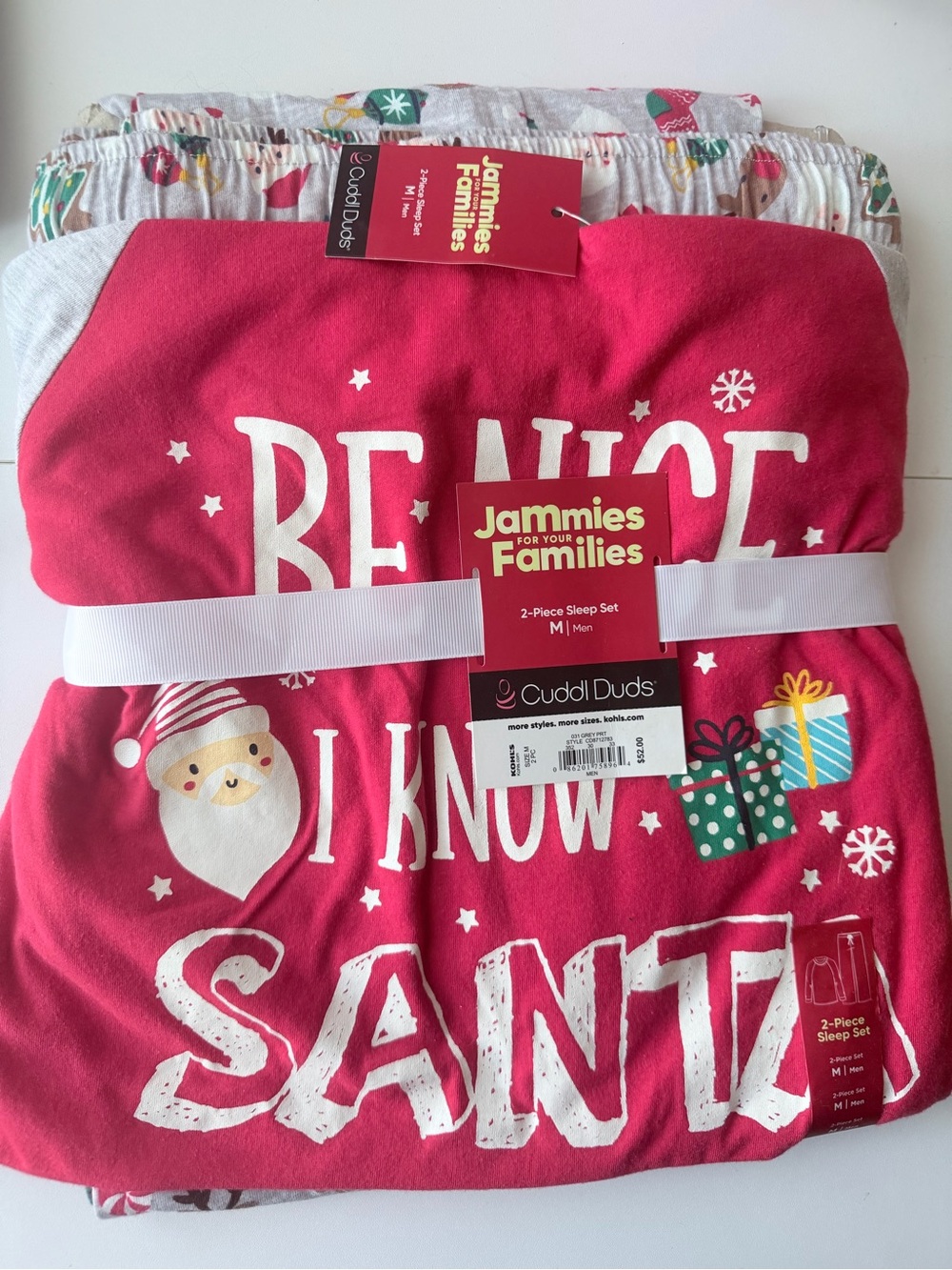 Cuddl Duds Bright Pink Holiday 'Be Nice I Know Santa' 2-Piece Pajama Set for Men